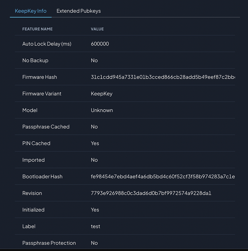 KeepKey device information and features table