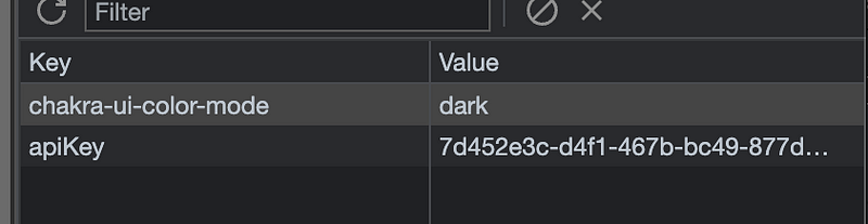 Browser localStorage showing API key storage