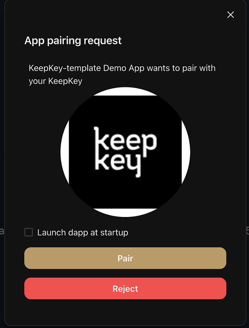 KeepKey app pairing request dialog