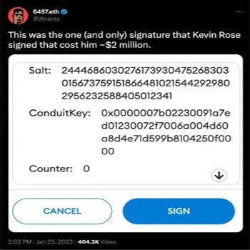 Kevin Rose phishing attack transaction showing signature prompt