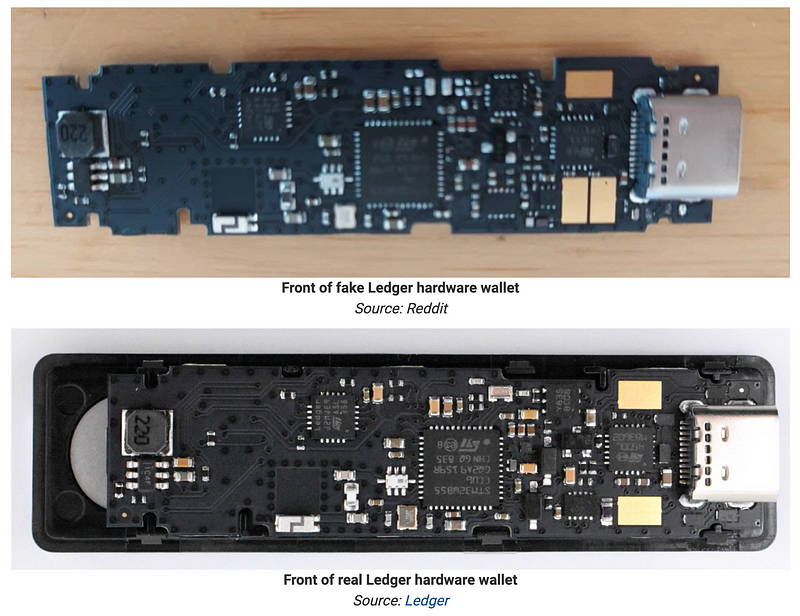 Comparison of fake vs real Ledger hardware wallet circuit boards