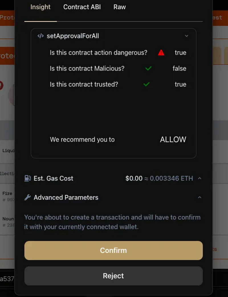 Harpie.io transaction security validation interface showing contract danger assessment