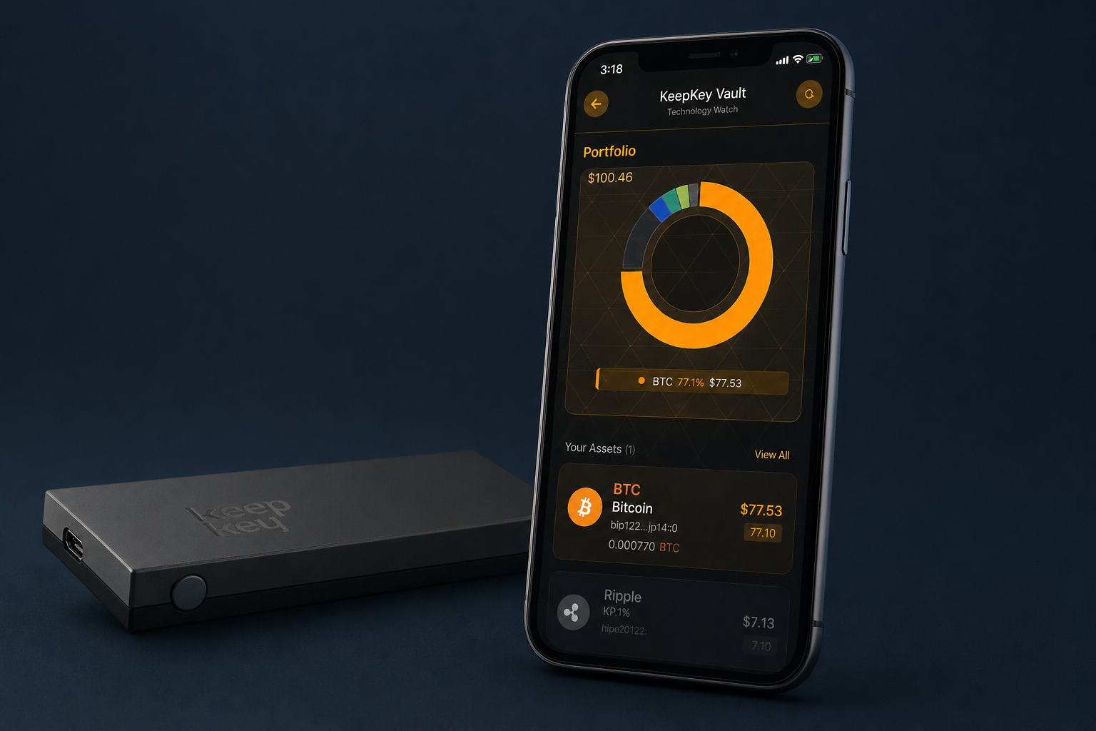 KeepKey Mobile — phone with watch-only portfolio screen, KeepKey in soft focus