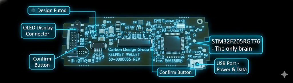 KeepKey Architecture - Simple block diagram showing MCU connected to screen, button, and USB