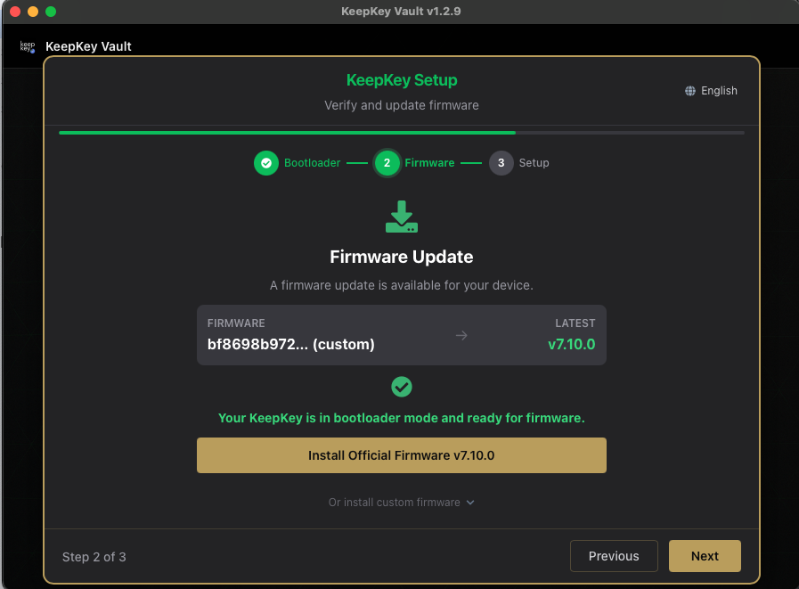 Vault Desktop showing firmware update available with Install Official Firmware button