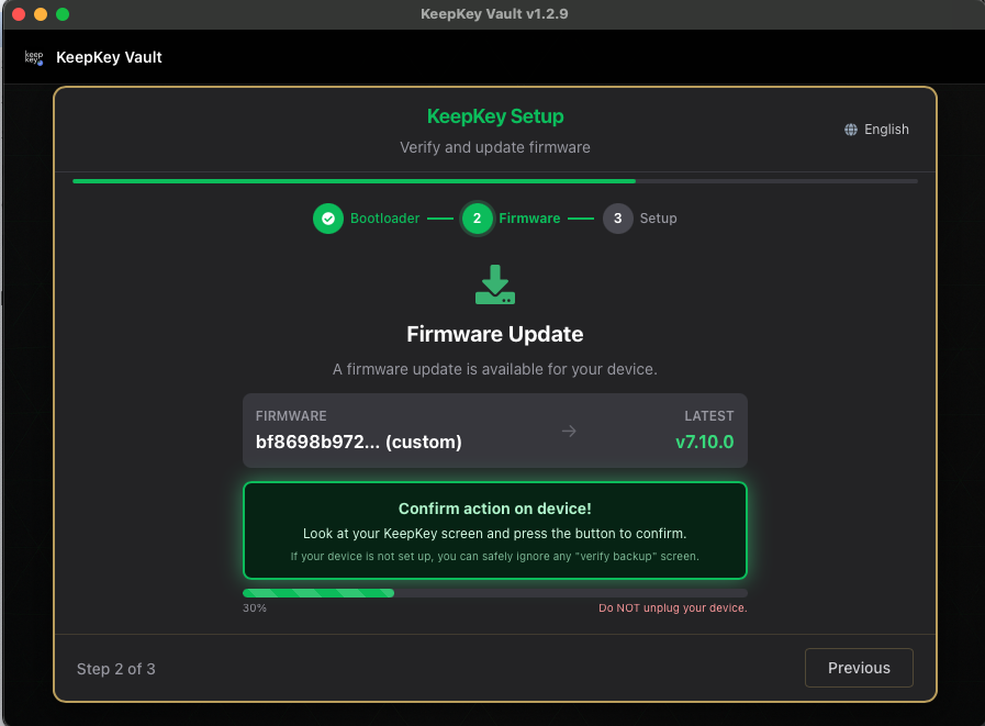 Vault Desktop showing "Confirm action on device!" with progress bar during firmware install