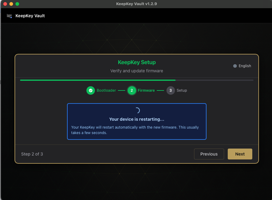 Vault Desktop "Your device is restarting" screen after a successful firmware update