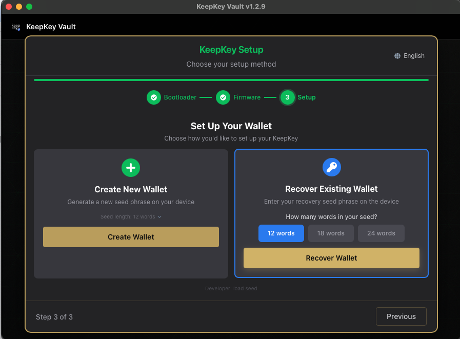 KeepKey Vault Desktop showing Create Wallet vs Recover Wallet choice on an uninitialized device