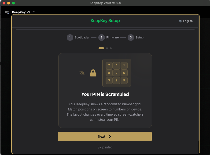 PIN setup intro screen explaining the scrambled grid