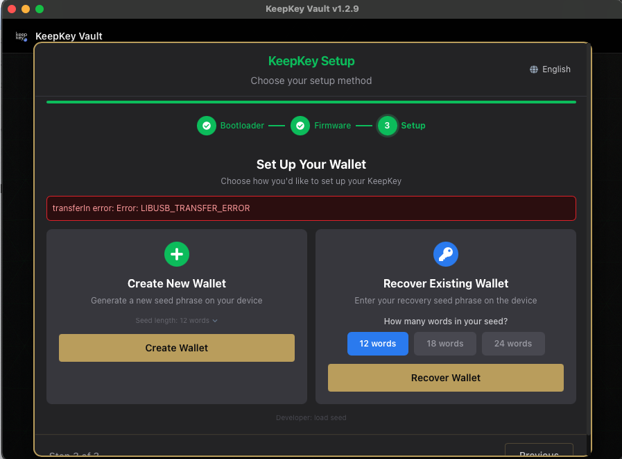 Seed length / invalid phrase error