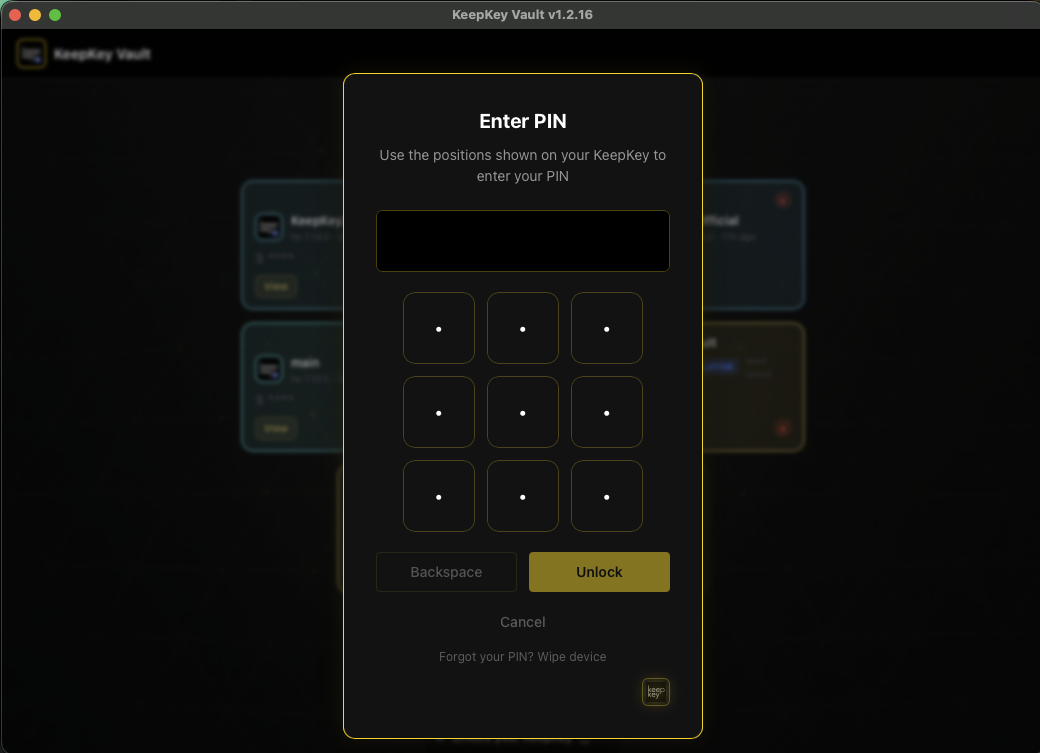 Vault Desktop PIN unlock screen on connect