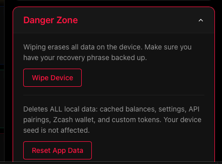 Vault Desktop Settings — Danger Zone with Wipe device button