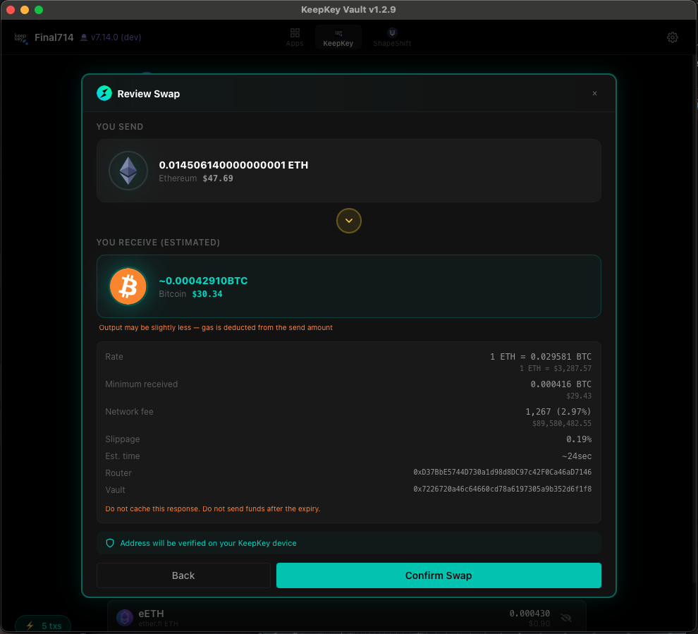 Swap review — destination asset, expected receive amount, fees, inbound address