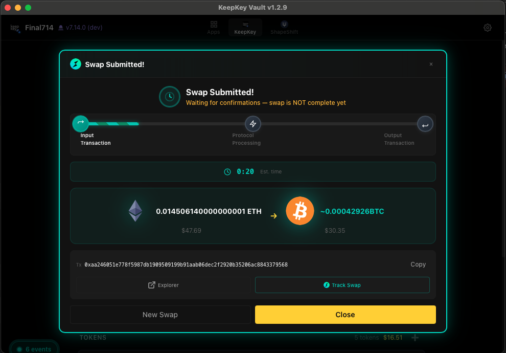 Swap submitted — tracking inbound + outbound legs of the THORChain swap