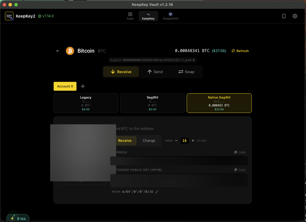 Receive Bitcoin in Vault Desktop — bc1q... native SegWit address with QR