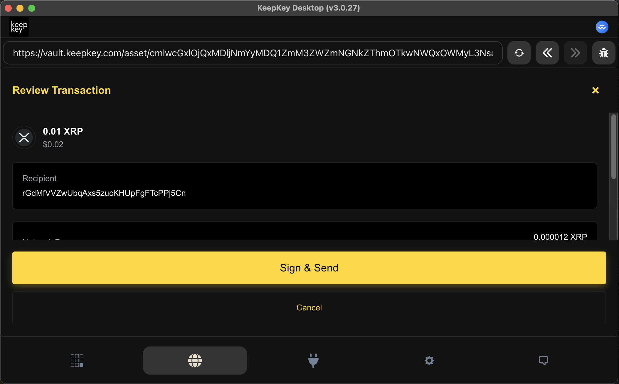 KeepKey hardware device showing transaction confirmation screen