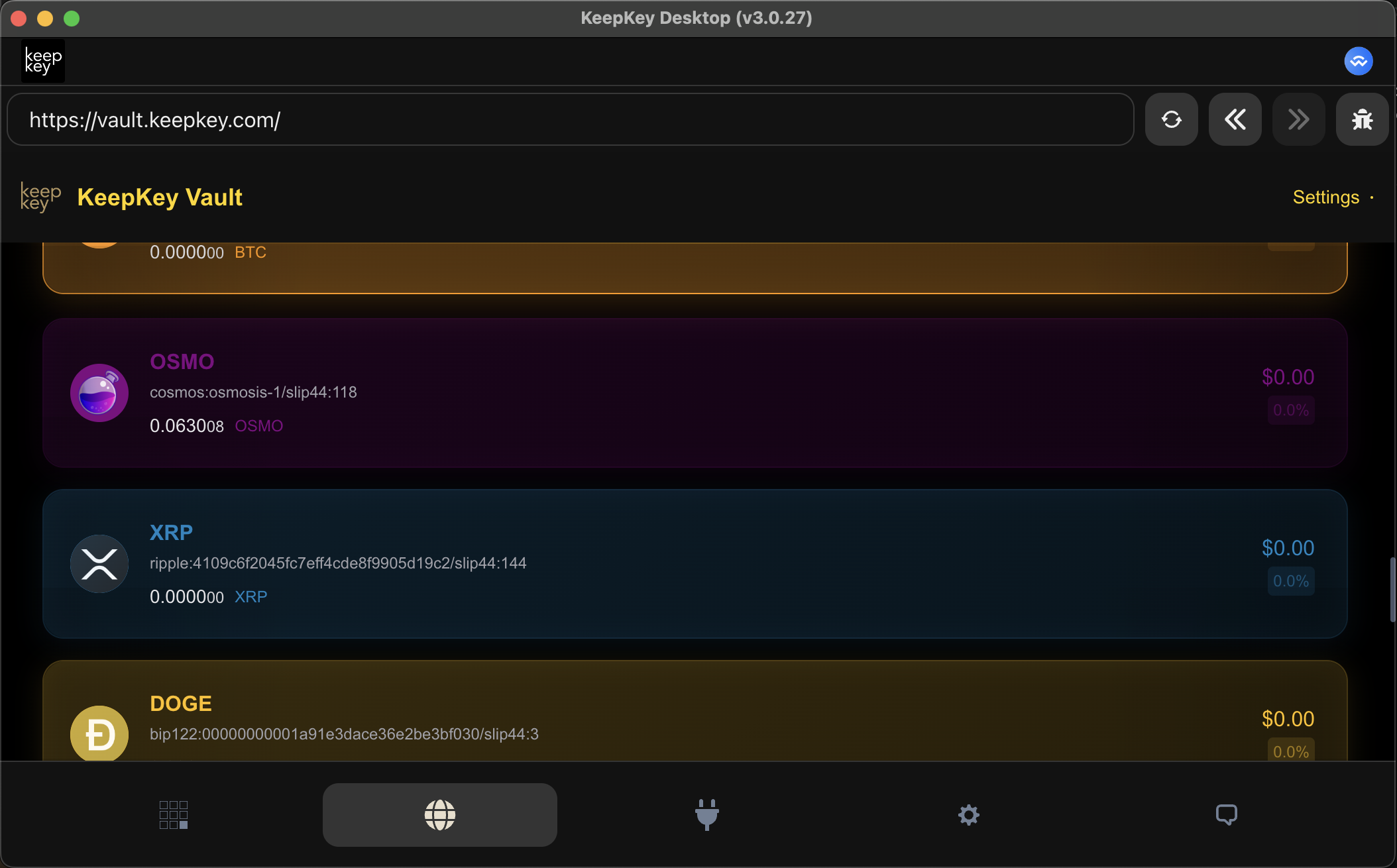 KeepKey Vault XRP portfolio view showing balance and transaction history
