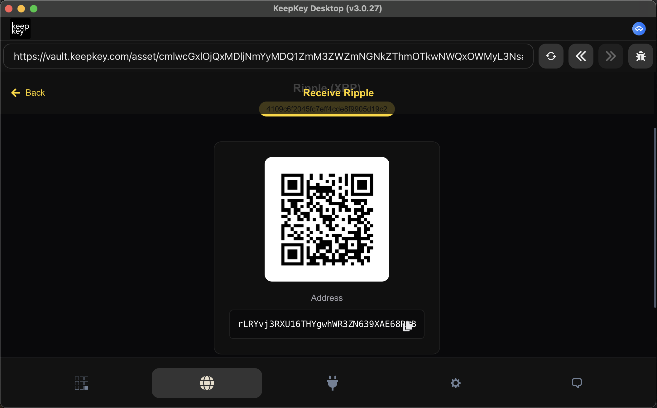 KeepKey Vault XRP receive screen with QR code and address