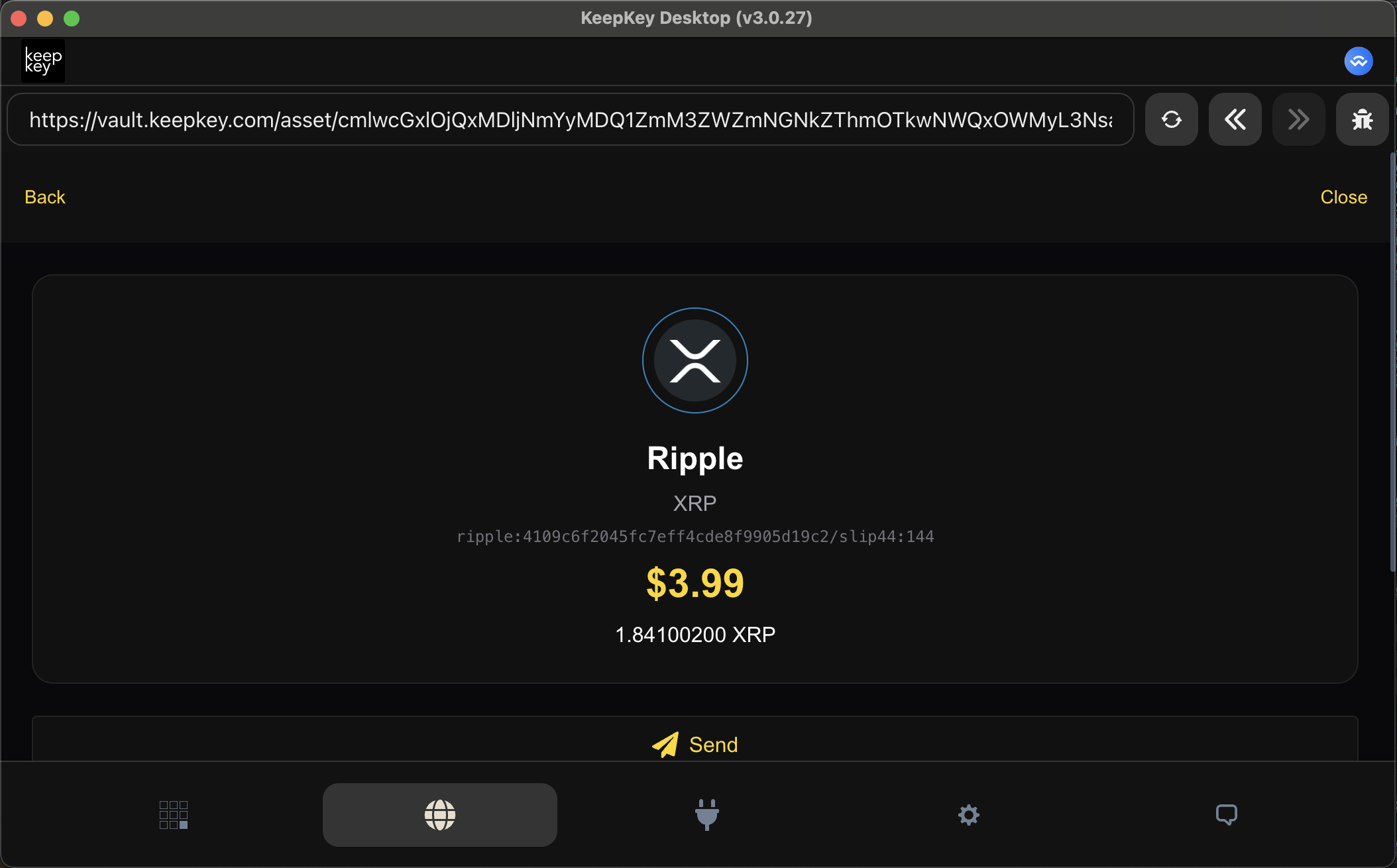 KeepKey Vault XRP send form with amount and recipient fields