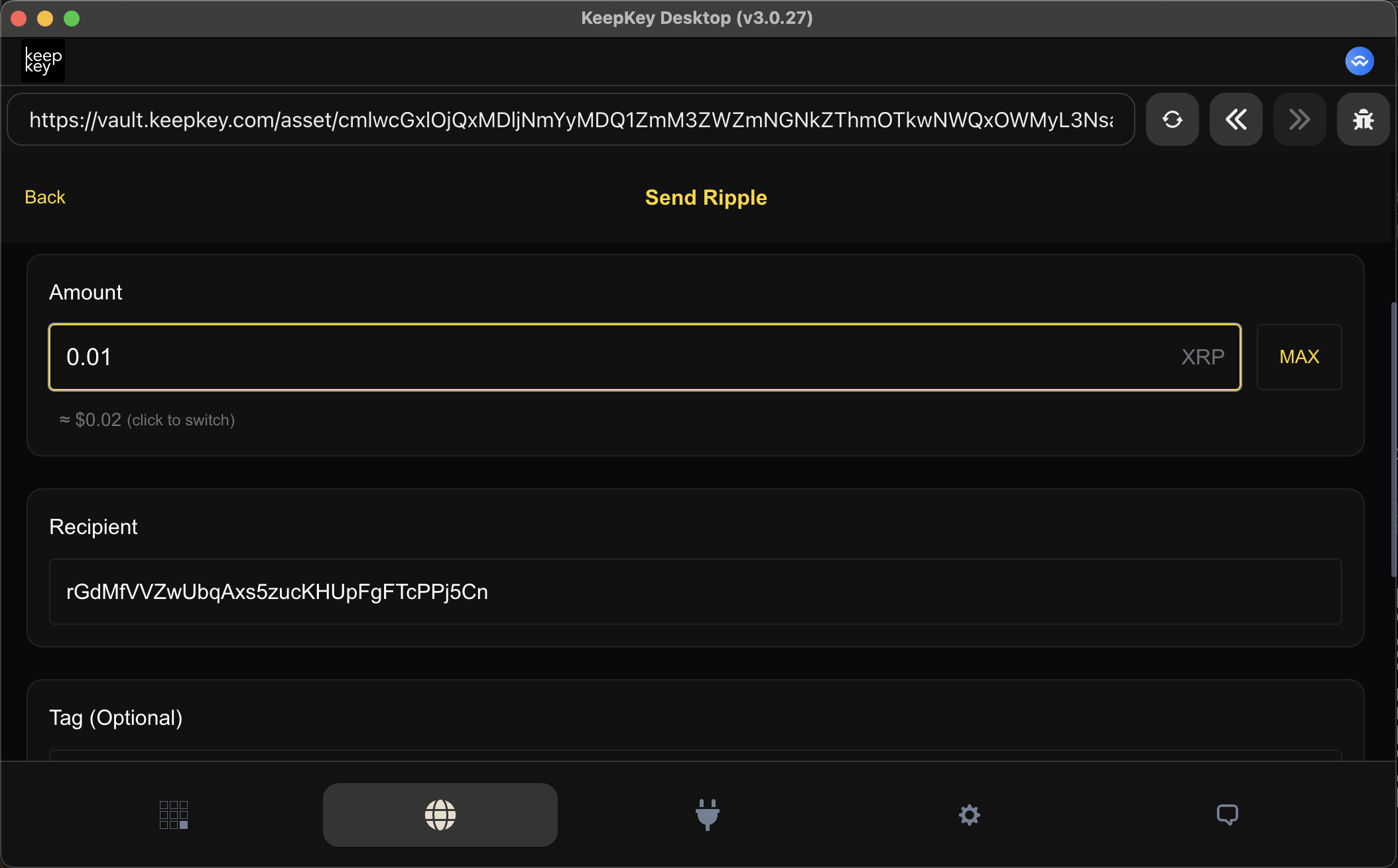 KeepKey Vault XRP transaction review screen with confirmation details