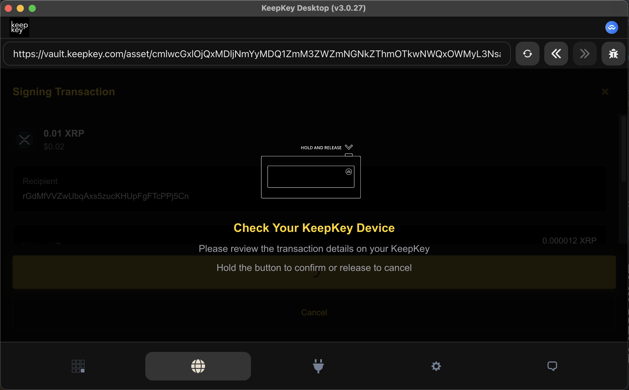 KeepKey Vault showing updated XRP balance after receiving transaction